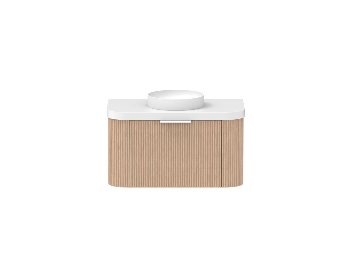 Supporting Image - Kado Neue Fluted Double Curve All Drawer 900mm Wall Hung Vanity with Centre Basin Durasein 50mm Top Blonde Oak