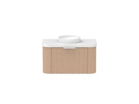 Supporting Image - Kado Neue Fluted Double Curve All Drawer 900mm Wall Hung Vanity with Centre Basin Durasein 50mm Top Blonde Oak