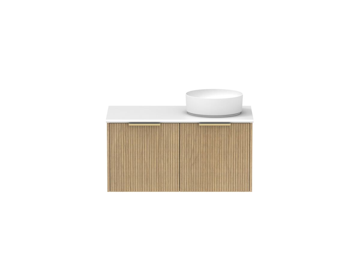 Supporting Image - Kado Neue Fluted Square 900mm Wall Hung Vanity with Right Basin 20mm Top Boston Oak