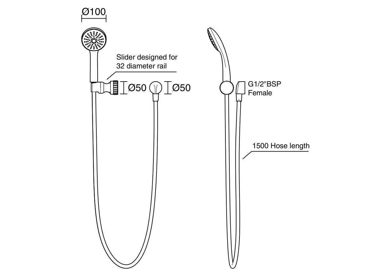Technical Drawing - Posh Solus MK3 Grab Single Rail Shower Conversion Kit 1 Function with Wall Water Inlet