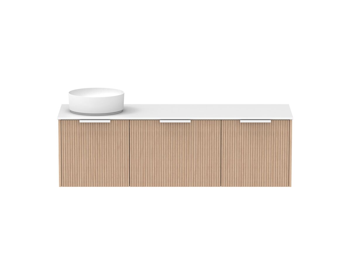 Supporting Image - Kado Neue Fluted Square All Drawer 1500mm Wall Hung Vanity with Left Hand Basin Durasein 12mm Top Blonde Oak
