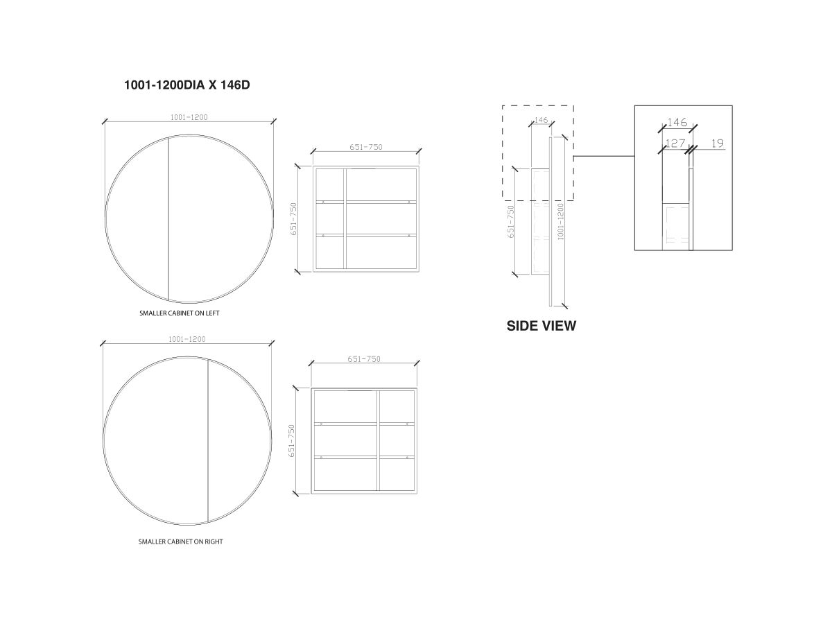 ISSY Halo 1001-1200mm Round Mirror with Shaving Cabinet