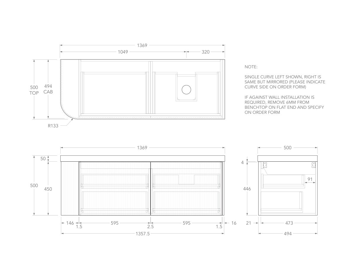 Technical Drawing - Kado Neue Fluted Single Curve All Drawer 1350mm Wall Hung Vanity with Right Hand Basin Durasein 50mm Top
