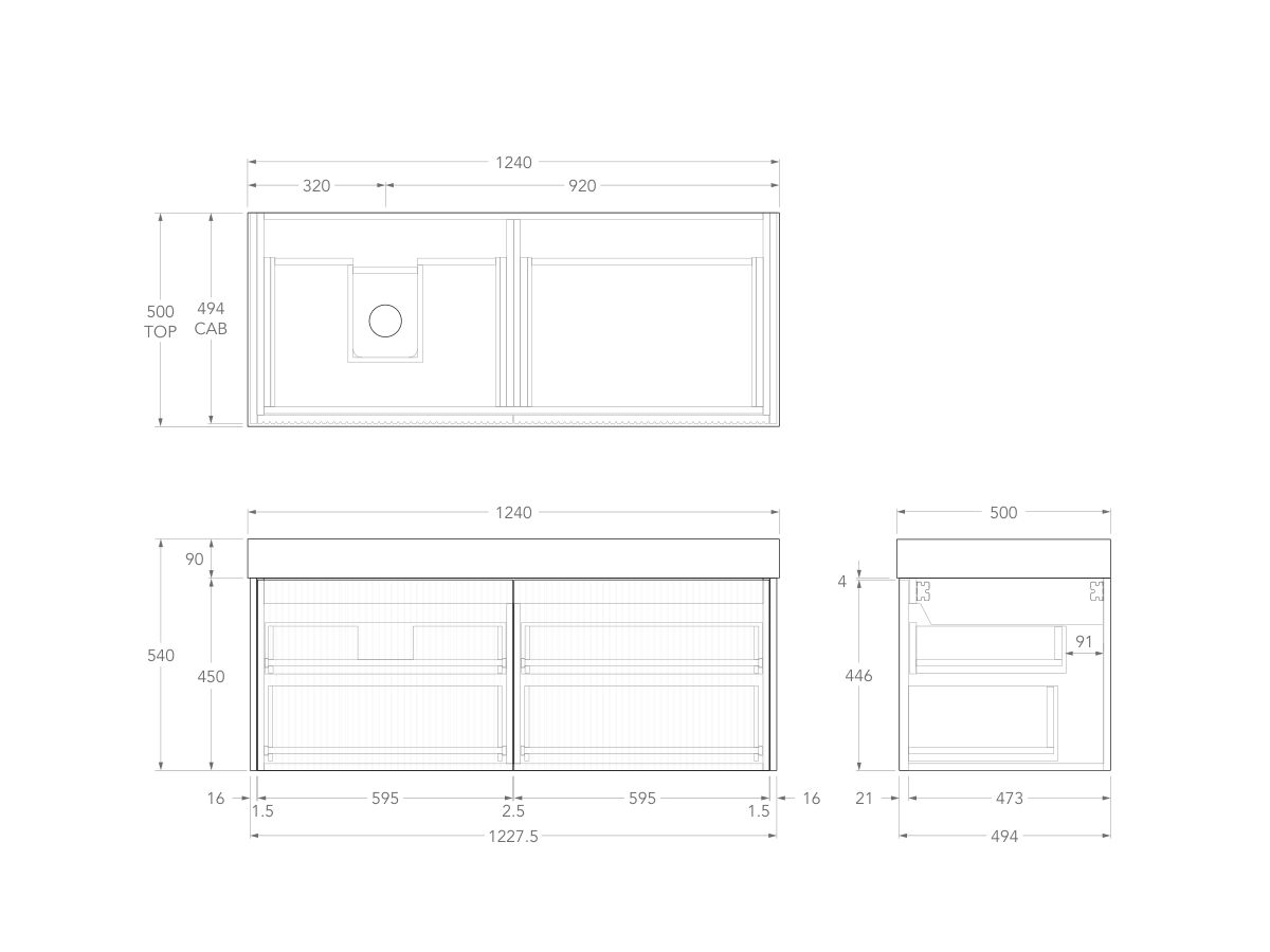 Technical Drawing - Kado Neue Fluted Square All Drawer 1200mm Wall Hung Vanity with Left Hand Basin 90mm Top