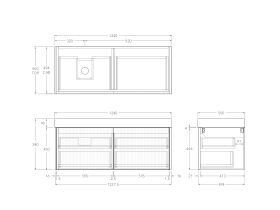 Technical Drawing - Kado Neue Fluted Square All Drawer 1200mm Wall Hung Vanity with Left Hand Basin 90mm Top