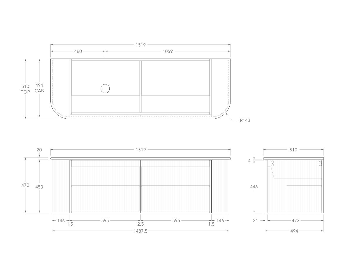 Technical Drawing - Kado Neue Fluted Double Curve All Door 1500mm Wall Hung Vanity with Left Hand Basin 20mm Top