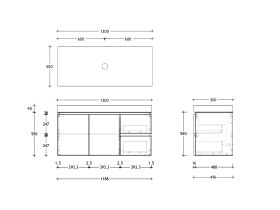 Technical Drawing - Posh Domaine 1200mm Wall Hung Vanity Unit Conventional Single Bowl 90mm Top