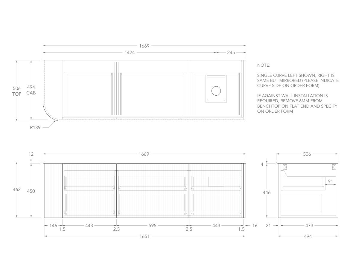 Technical Drawing - Kado Neue Fluted Single Curve All Drawer 1650mm Wall Hung Vanity with Right Hand Basin Durasein 12mm Top