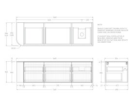 Technical Drawing - Kado Neue Fluted Single Curve All Drawer 1650mm Wall Hung Vanity with Right Hand Basin Durasein 12mm Top