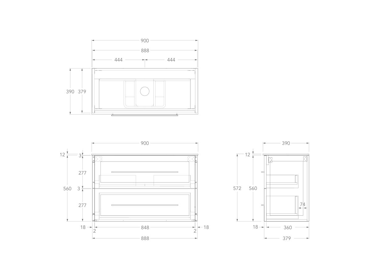 Technical Drawing - Kado Lux Ensuite All Drawer Twin 900mm Wall Hung Centre Basin 12mm Durasein Top