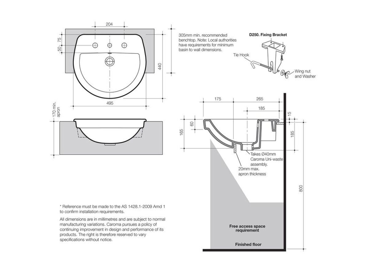 Cosmo Semi Recessed Vanity Basin 1 Taphole 500 x 400mm White