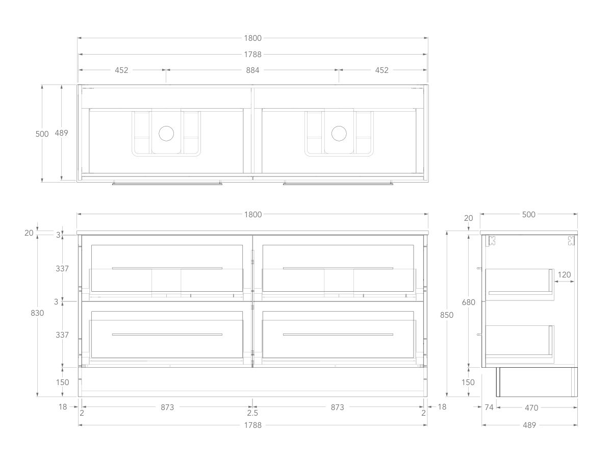 Kado Lux Floor Mounted 1800mm with Kickboard 4 Drawer Double Vanity (No Basin)