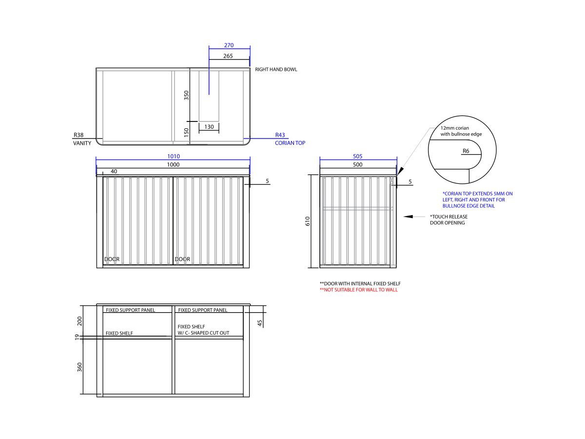 ISSY Cloud I 1000mm x 500mm x 610mm Wall Hung Vanity Unit 2 Touch Latch Doors Semi Inset (No Basin)