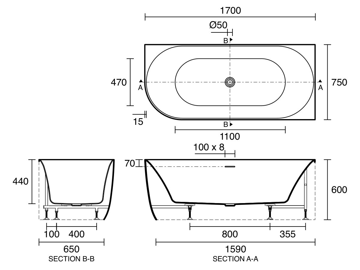 Technical Drawing - Posh Solus Back to Corner Freestanding Bath 1700mm Right Corner with Overflow