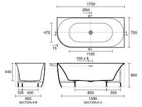 Technical Drawing - Posh Solus Back to Corner Freestanding Bath 1700mm Right Corner with Overflow