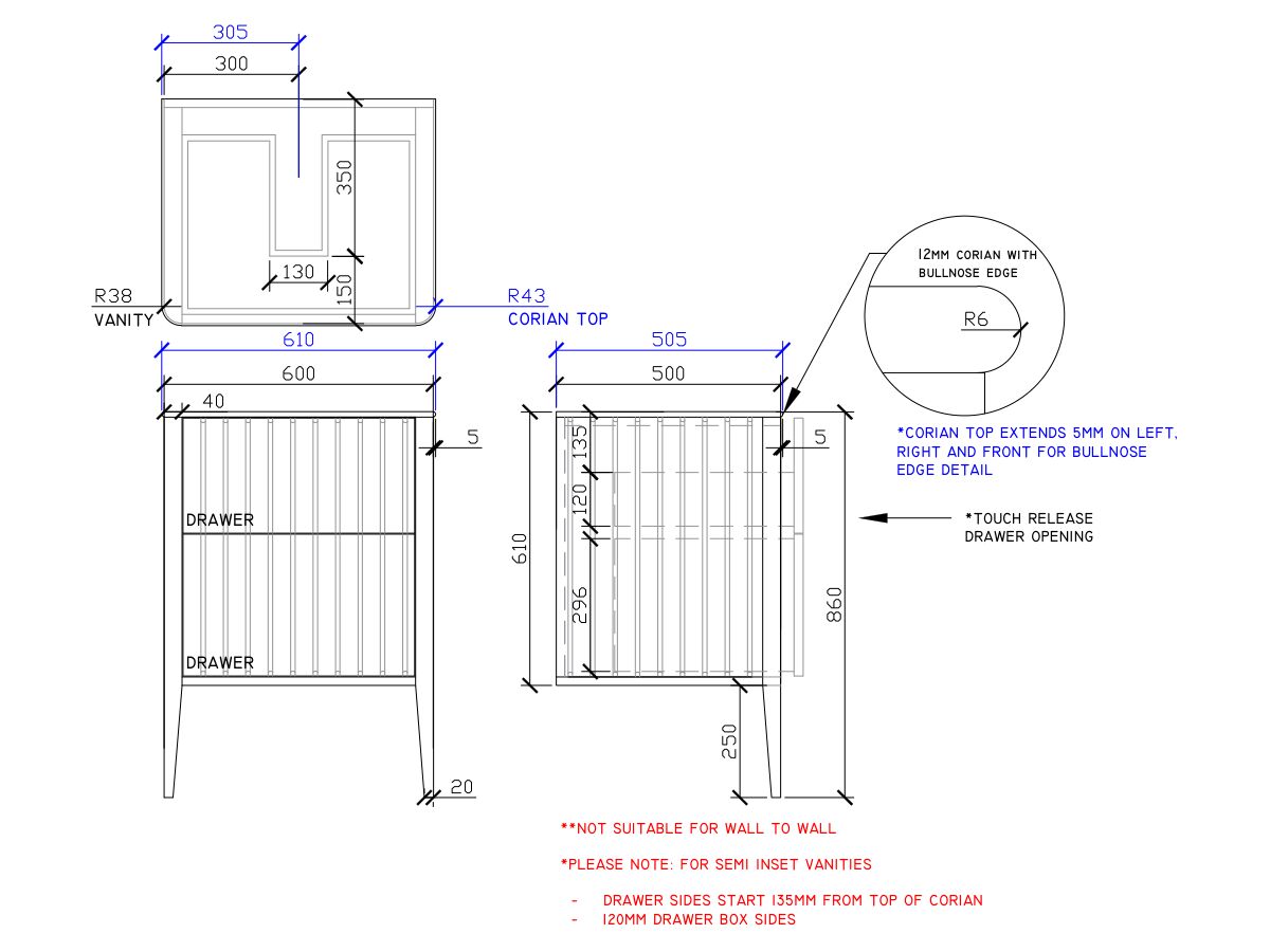 ISSY Cloud II 600mm x 500mm x 860mm Vanity Unit with Legs 2 Touch Latch Drawers Semi Inset (No Basin)
