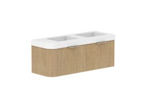 Supporting Image 2- Kado Neue Fluted Single Curve All Drawer 1350mm Wall Hung Vanity with Double Basin Durasein 90mm Top Boston Oak