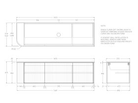 Technical Drawing - Kado Neue Fluted Single Curve All Door 1650mm Wall Hung Vanity with Centre Basin 20mm Top