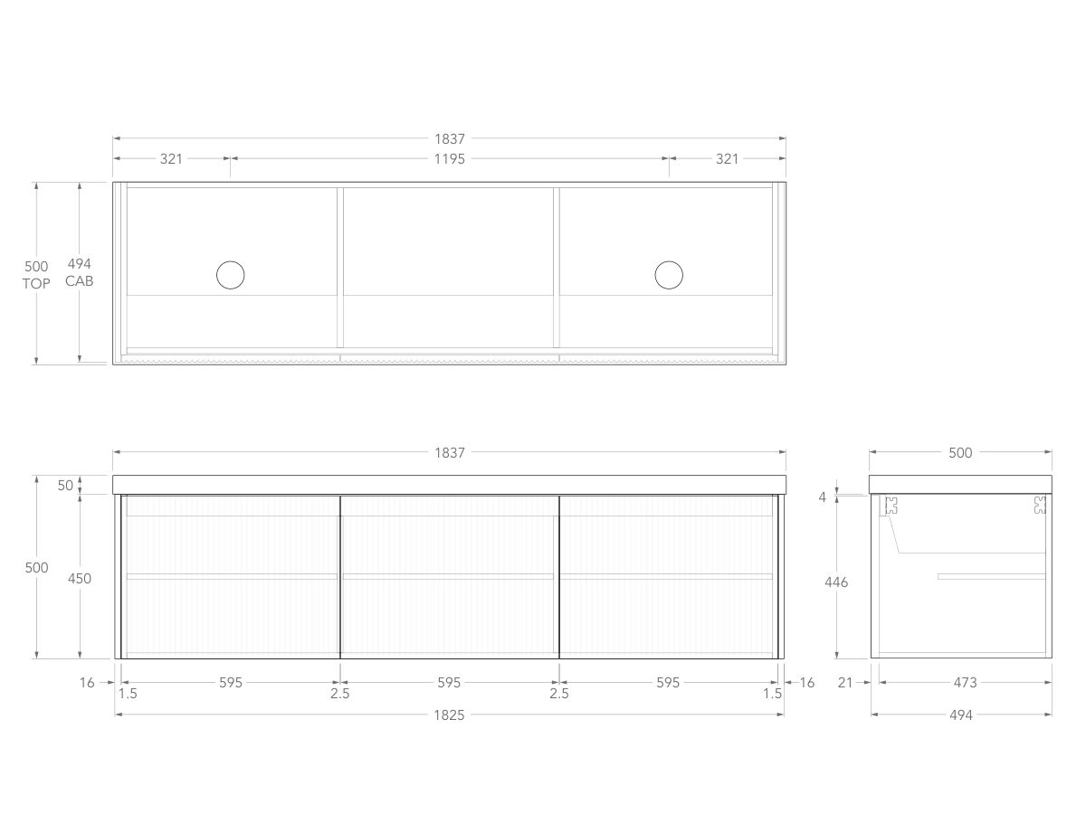 Technical Drawing - Kado Neue Fluted Square All Door 1800mm Wall Hung Vanity with Double Basin 50mm Top