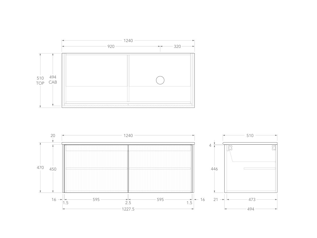 Technical Drawing - Kado Neue Fluted Square All Door 1200mm Wall Hung Vanity with Right Hand Basin 20mm Top