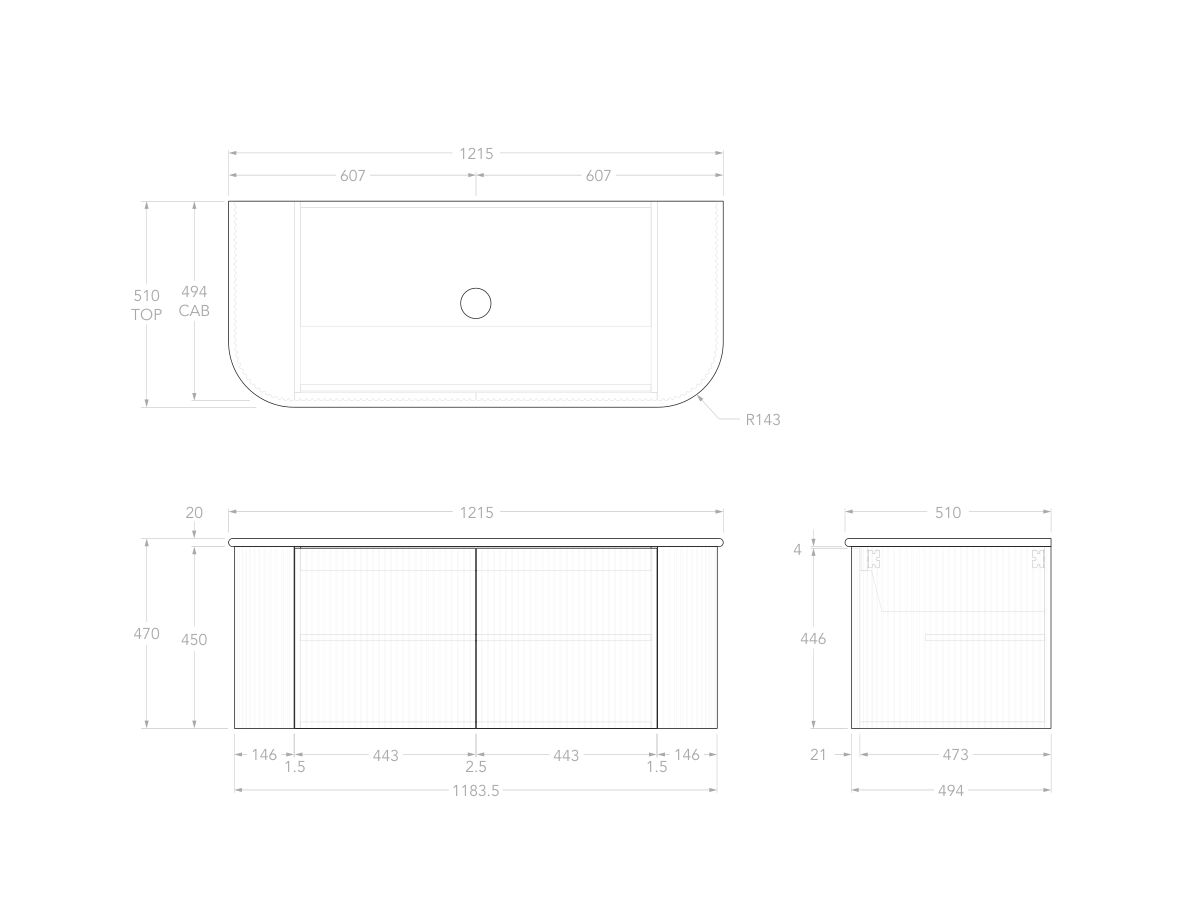 Technical Drawing - Kado Neue Fluted Double Curve All Door 1200mm Wall Hung Vanity with Centre Basin 20mm Top