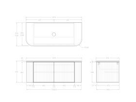 Technical Drawing - Kado Neue Fluted Double Curve All Door 1200mm Wall Hung Vanity with Centre Basin 20mm Top