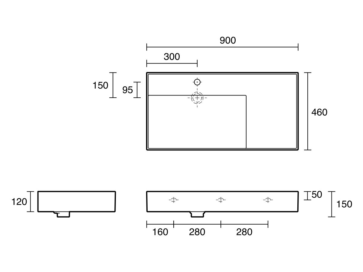 Technical Drawing - LAUFEN Kartell Wall Basin with Shelf Left Hand Bowl 900mm x 460mm 1 Taphole