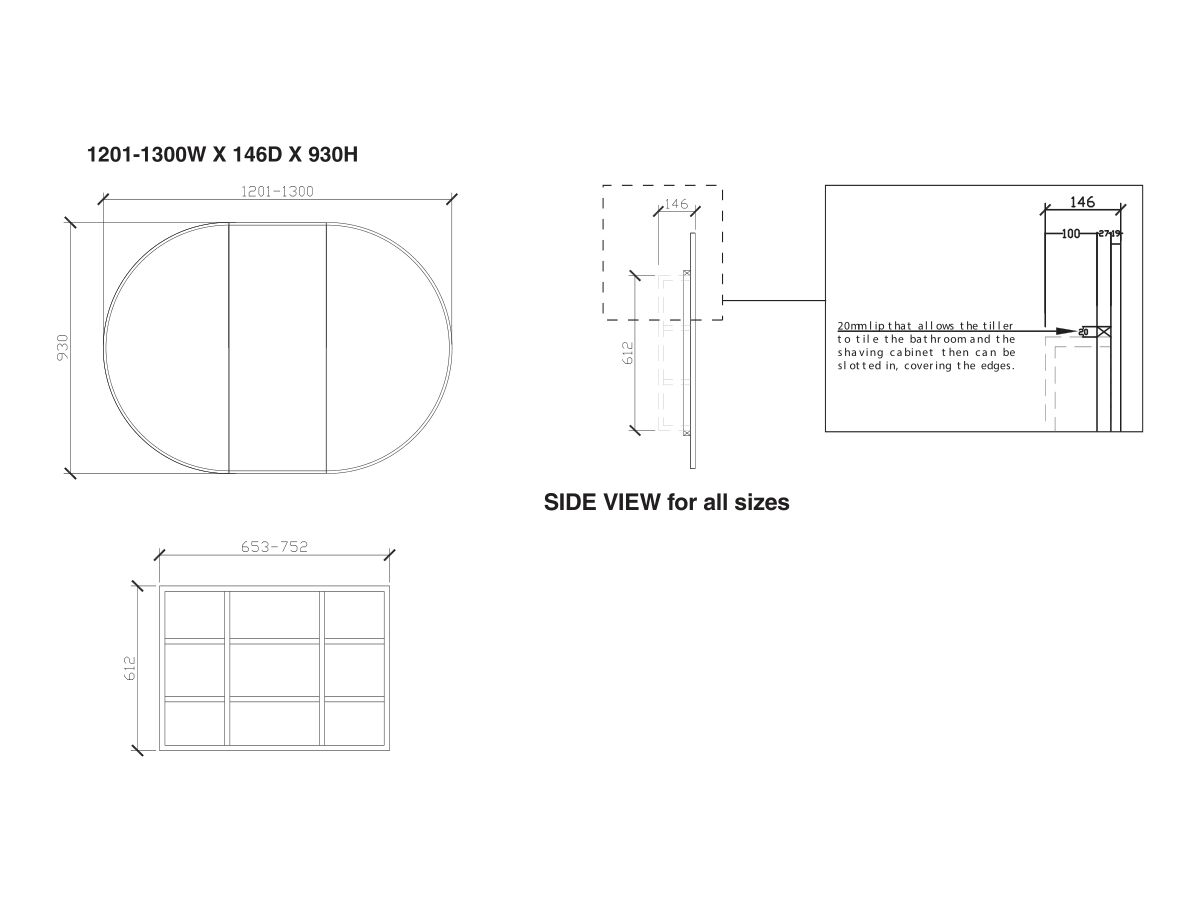 ISSY Halo 1191-1500 x 930mm Rounded Triple Mirror with Shaving Cabinet (Recessed)