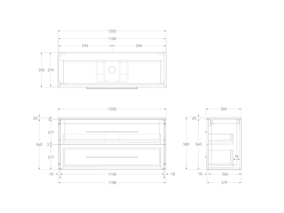 Technical Drawing - Kado Lux Ensuite All Drawer Twin 1200mm Wall Hung Centre Basin 20mm Top