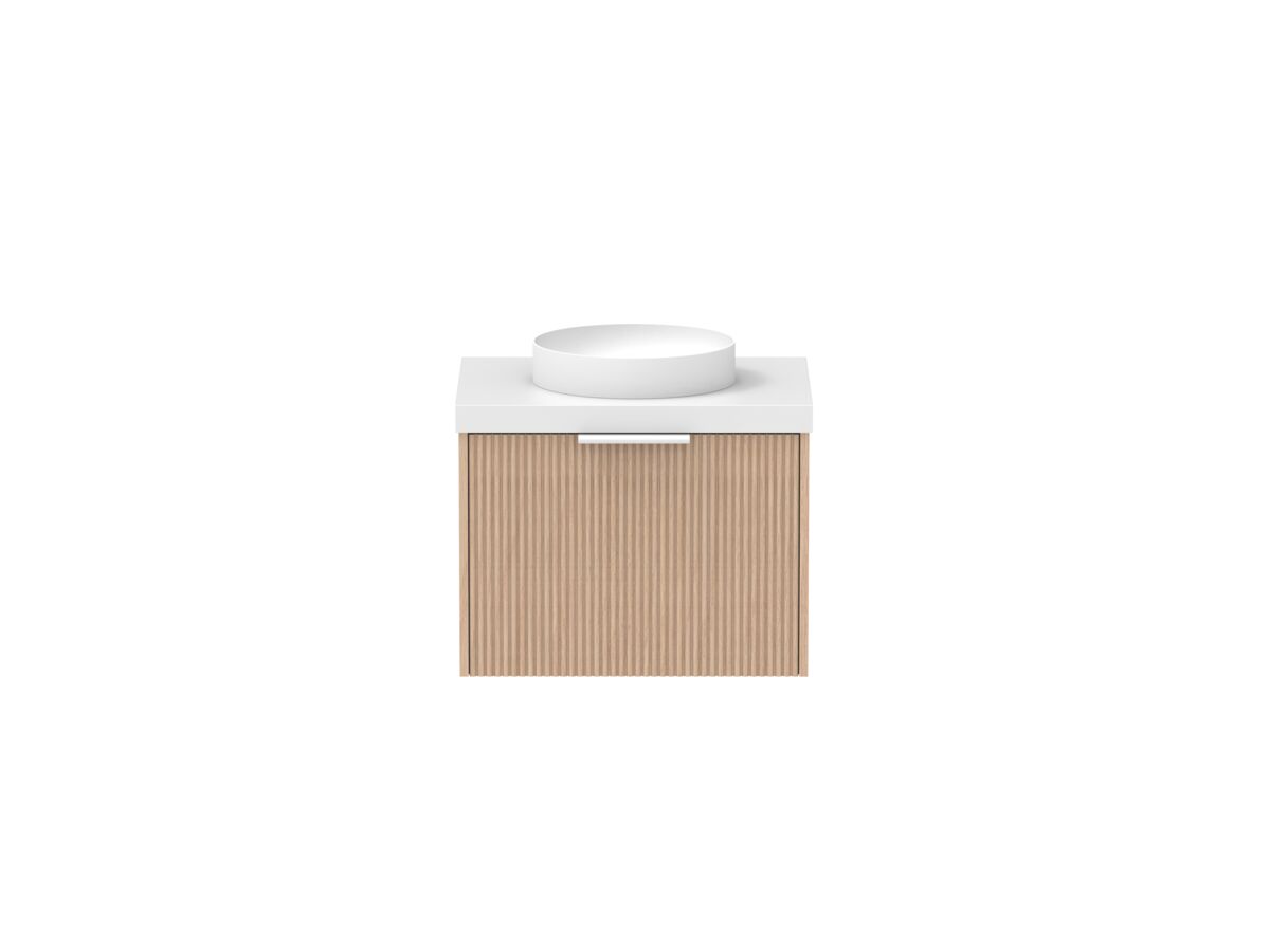 Supporting Image - Kado Neue Fluted Square All Drawer 600mm Wall Hung Vanity with Centre Basin 50mm Top Blonde Oak