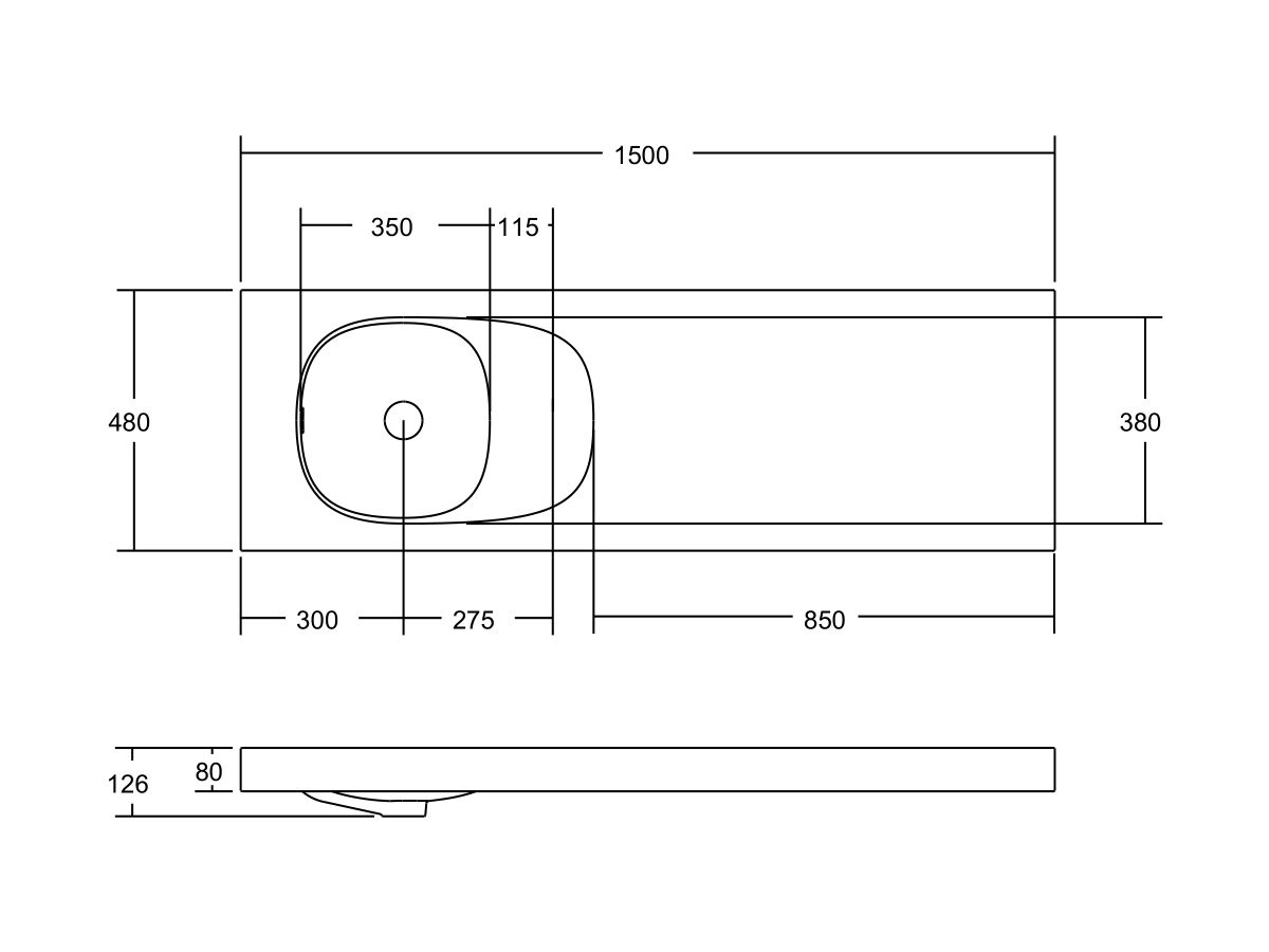 Kado Lussi 1500mm Single Wall Basin Left Hand Bowl with Overflow No Taphole Matte White Solid Surface
