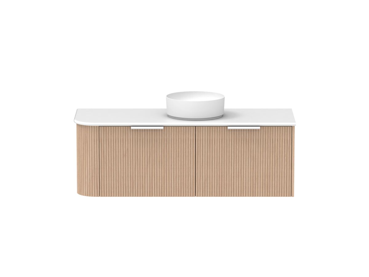 Supporting Image - Kado Neue Fluted Single Curve All Drawer 1350mm Wall Hung Vanity with Centre Basin 20mm Top Blonde Oak