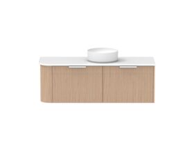 Supporting Image - Kado Neue Fluted Single Curve All Drawer 1350mm Wall Hung Vanity with Centre Basin 20mm Top Blonde Oak