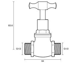 Technical Drawing - Dura Stop Tap Male & Male T-Head Rough Brass 15mm Lead Free