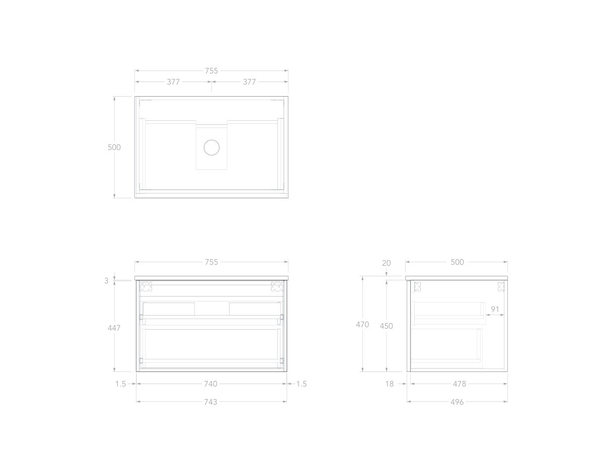 Technical Drawing - Kado Lux Slim All Drawer 750mm Wall Hung Vanity with Centre Basin 20mm Top