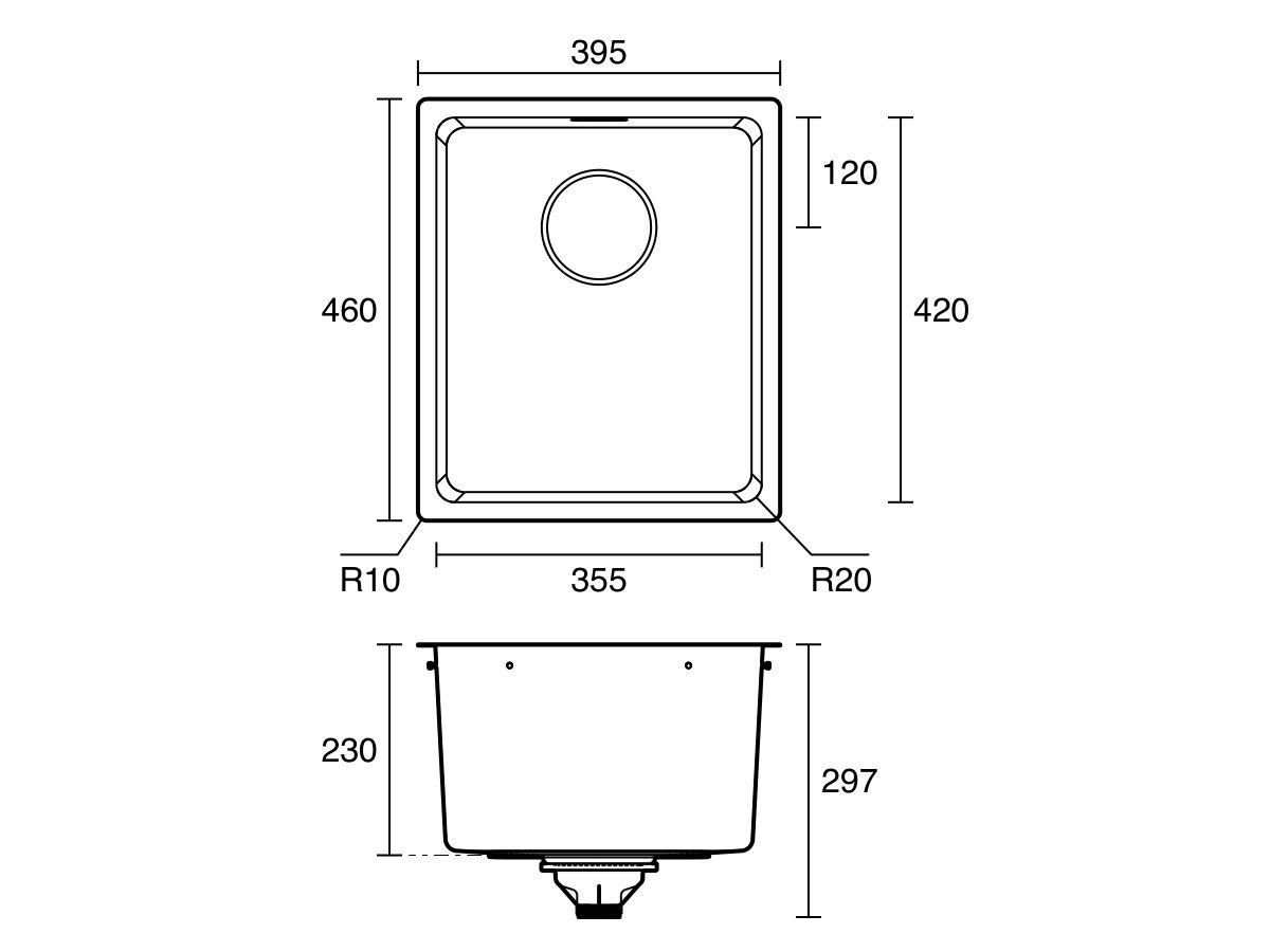 Technical Drawing - Franke Brookmore Single Bowl Sink 355mm No Taphole with Overflow Stainless Steel