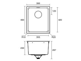 Technical Drawing - Franke Brookmore Single Bowl Sink 355mm No Taphole with Overflow Stainless Steel