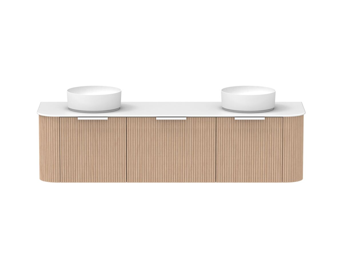 Supporting Image - Kado Neue Fluted Double Curve All Drawer 1800 Wall Hung Vanity With Double Basin Durasein 12mm Top Blonde Oak