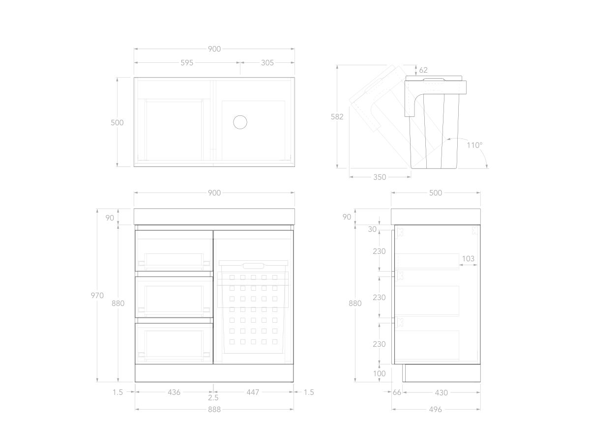 Technical Image - Posh Domaine Plus Hamper 900 Floor Mounted Right Bowl 90mm Top
