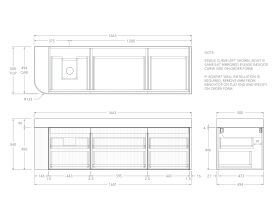 Technical Drawing - Kado Neue Fluted Single Curve All Drawer 1650mm Wall Hung Vanity with Left Hand Basin Durasein 90mm Top