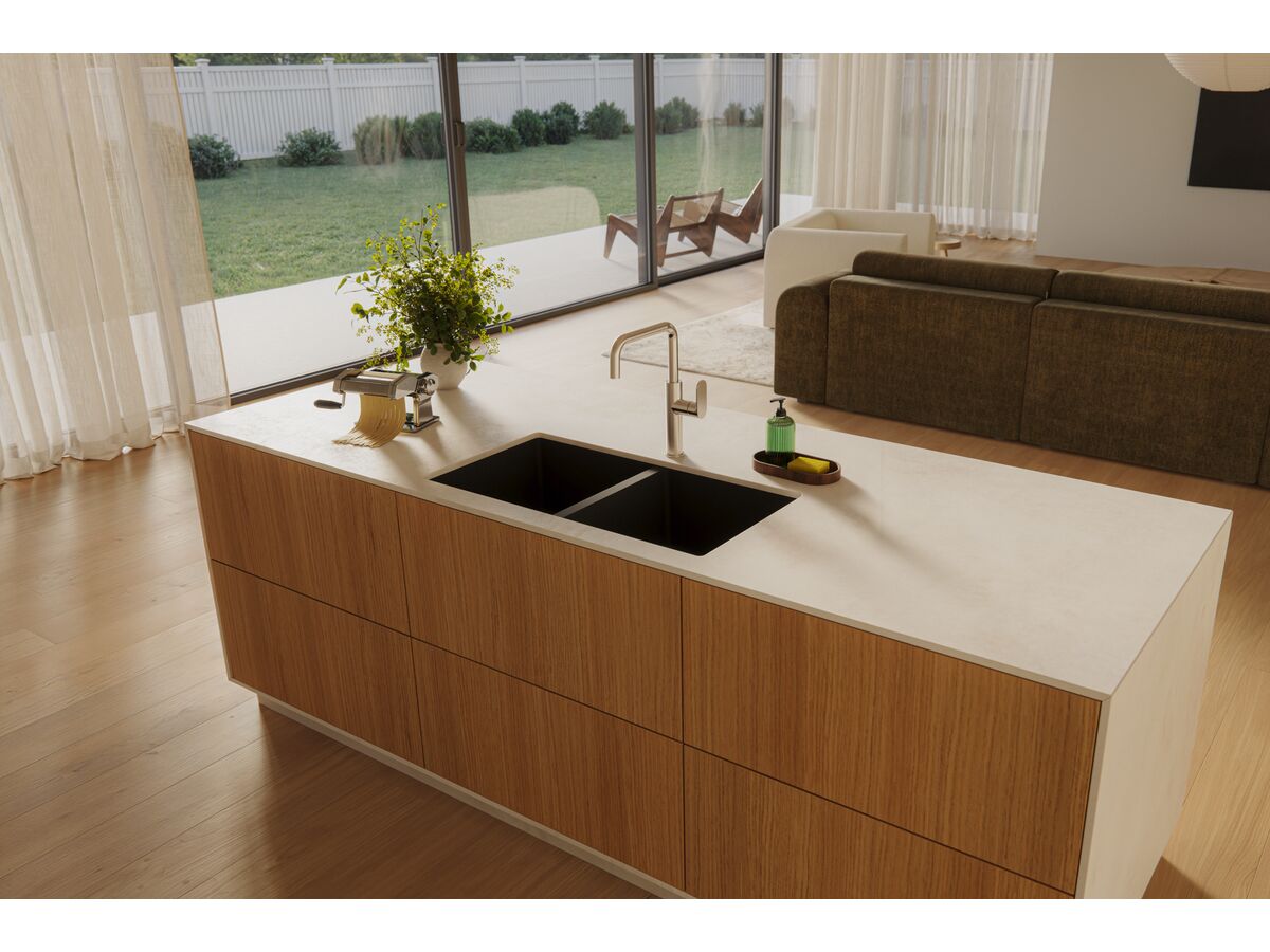 In Situ - Memo Freya Double Bowl Sink No Taphole Granite Black and Mizu Soothe MK2 Gooseneck Sink Mixer Tap Square Brushed Nickel (5 Star) Lead Free