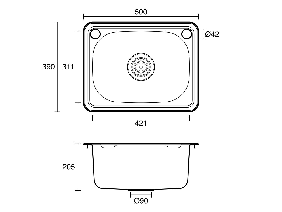 Technical Drawing  - Posh Bristol Mini Inset Laundry Trough 22L with 1 Taphole and Bypass Stainless Steel