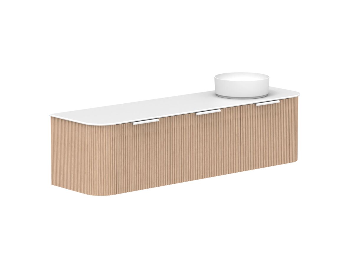 Supporting Image 2- Kado Neue Fluted Double Curve All Drawer 1800 Wall Hung Vanity with Right Hand Basin Durasein 12mm Top Blonde Oak