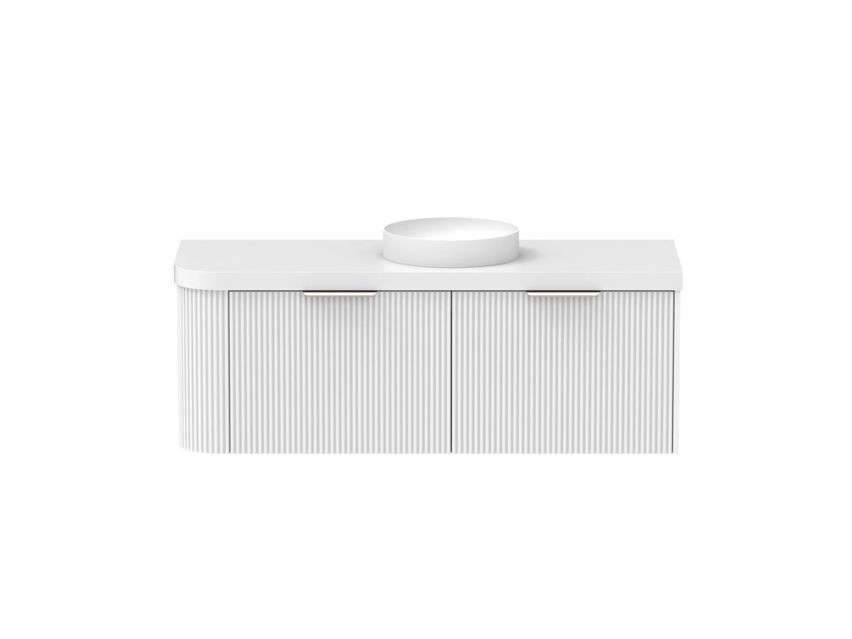 Supporting Image - Kado Neue Fluted Single Curve All Drawer 1350mm Wall Hung Vanity with Centre Basin Durasein 50mm Top Ultra White