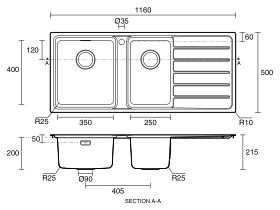 Technical Drawing - Memo Oscar Inset Left Hand 1 & 1/2 Bowl & Drainer Sink Overflow 1 Taphole