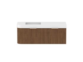 Supporting Image - Kado Neue Fluted Single Curve All Drawer 1350mm Wall Hung Vanity with Left Hand Basin Durasein 90mm Top Florentine Walnut
