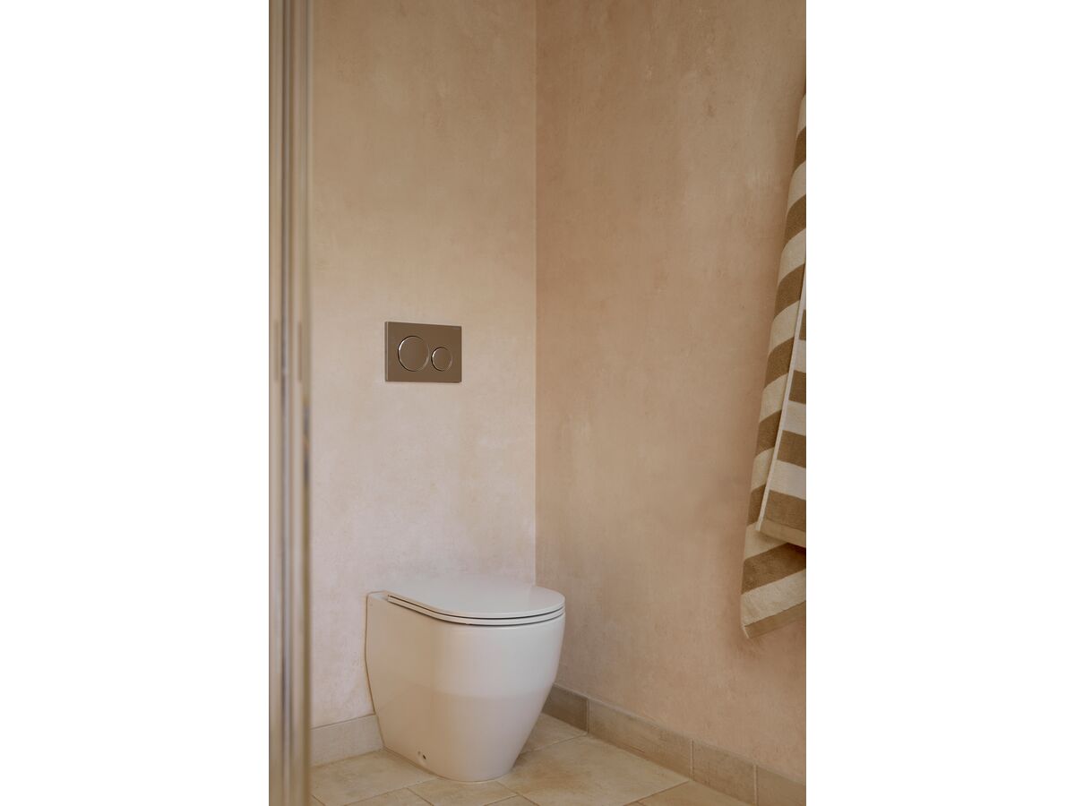 In Situ - LAUFEN Pro A Rimless Back to Wall Pan & Slim Soft Close Quick Release Seat (4 Star) & Hideaway+ Round Button/Plate Inwall Metal Brushed Nickel