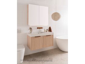 Kado Neue Fluted Square All Drawer 900mm Wall Hung vanity with Blonde Oak cabinets, 90mm Cherry Pie benchtop in Alabaster and Francis handle in Copper