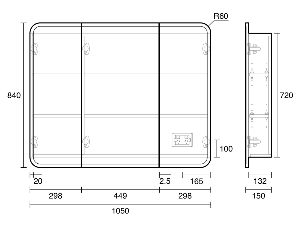 Technical Drawing - Kado Lux Framed 3 Door Mirror Shaving Cabinet 1050mm x 840mm