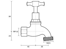Technical Drawing - Dura Bib Hose Female Rough Brass T-Head (O-Ring) 15mm Lead Free